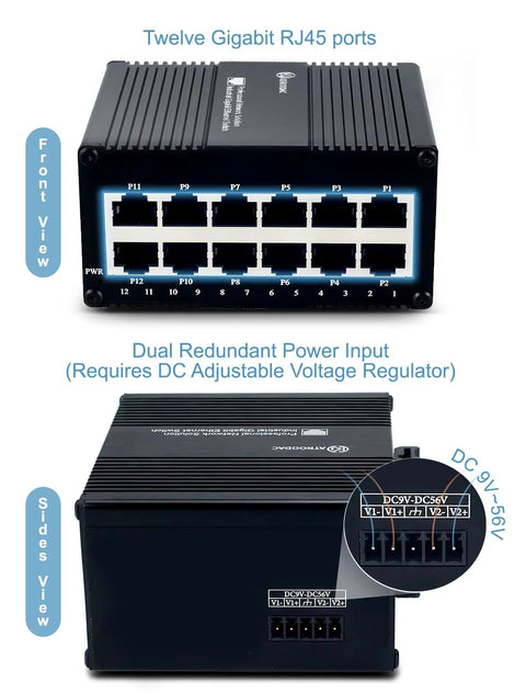 Front and side view of 12 Port Gigabit Unmanaged Ethernet Switch for industrial use with energy efficient design, sturdy metal wall mount.