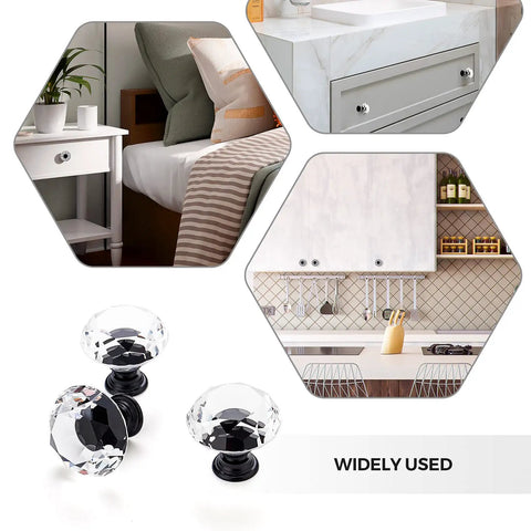 Premium Crystal Cabinet Drawer Knobs With Matte Black Zinc Base Thirty Millimeter Handle Built Tough For Easy Kitchen Refreshes And Furniture Revamps Five Piece Bundle shown in various home uses.