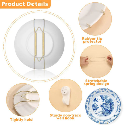 Set Of Seven Invisible Plate Hangers For Wall Display Featuring Stainless Steel Hooks In Four Six Eight Ten And Twelve Inch Sizes No Sweat Setup To Show Off Your Decor Built Tough, featuring rubber tip protector and stretchable spring hook.