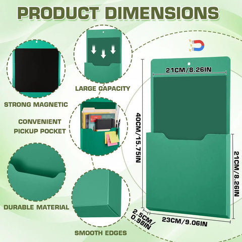 8 Pack Extra Large Magnetic File Holders For Fridge And Wall Organizer 15.7 X 9.1 X 1 Inches Green Set dimensions view