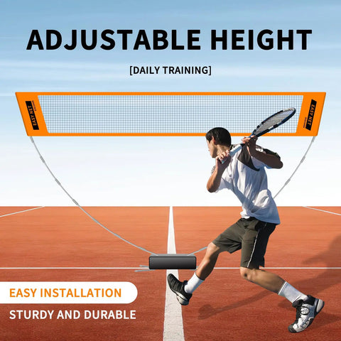 Man playing with Portable Badminton Net Set With Adjustable 8.9 Ft Height Foldable Outdoor Indoor Net System for backyard use