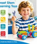 Child playing with Six In One Stem Building Toys For Kids Aged Four To Eight With 118 Colorful Pieces And Easy To Follow Instructions.