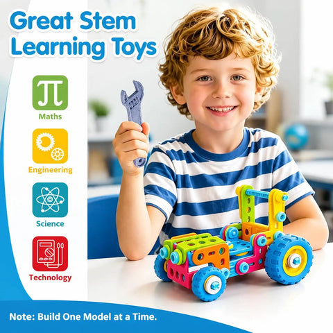 Child playing with Six In One Stem Building Toys For Kids Aged Four To Eight With 118 Colorful Pieces And Easy To Follow Instructions.