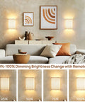 Magnetic Battery Operated RGB Wall Sconce Set Of 2 in living room with dimmable remote, fabric linen shade, and brightness levels.