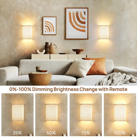 Magnetic Battery Operated RGB Wall Sconce Set Of 2 in living room with dimmable remote, fabric linen shade, and brightness levels.