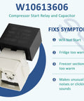 Image of New Upgraded Start Relay And Capacitor W10613606 For Whirlpool Kenmore KitchenAid Refrigerators with symptoms list.