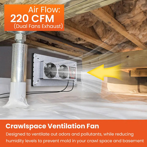 Crawlspace Ventilation Fan With Humidistat And Dehumidistat, 220 CFM, in crawlspace showing dual air exhaust design, controls humidity.