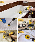 Power Scrub Drill Brush Attachment Set with Yellow Bristles cleaning bathtub, tiles, table, narrow area, and toilet with drill.