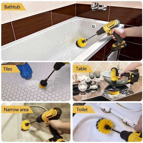 Power Scrub Drill Brush Attachment Set with Yellow Bristles cleaning bathtub, tiles, table, narrow area, and toilet with drill.