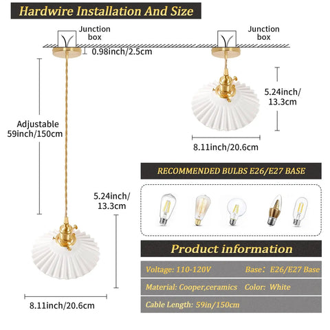 Dimensions and installation guide for White Pleated Ceramic Shade Brass Vintage Pendant Light With Adjustable 59 Inch Chain.