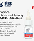 Thread locker bottle with label "Bäder Greenmark Schraubensicherung B243 Eco Mittelfest" against a white background.