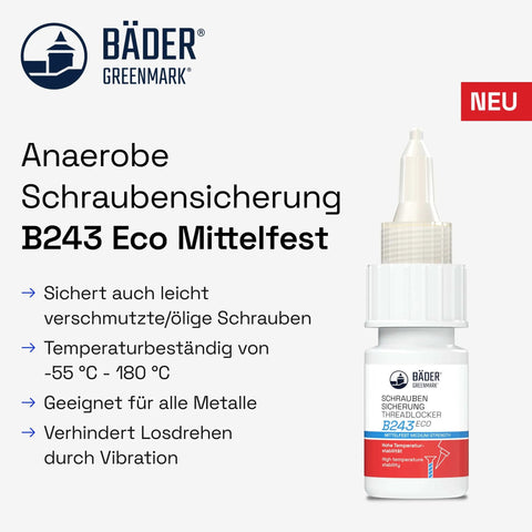 Thread locker bottle with label "Bäder Greenmark Schraubensicherung B243 Eco Mittelfest" against a white background.