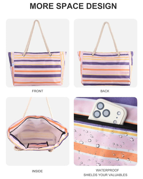 Extra Large Waterproof Sandproof Beach Tote For Women With Zipper Pocket Pink Solid Color Bag showing front, back, inside, and waterproof feature