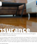 Water Leak Sensor with water on floor, highlights insurance benefits and indoor protection.