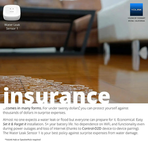 Water Leak Sensor with water on floor, highlights insurance benefits and indoor protection.