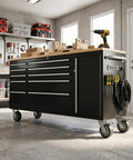 72 Inch Rolling Tool Chest With Power Outlet, Heavy Duty Tool Cabinet With 10 Drawers, Adjustable Dividers, Rubber Wood Workbench, Key Locking System And Drawer Liners For Garage Workshop in garage