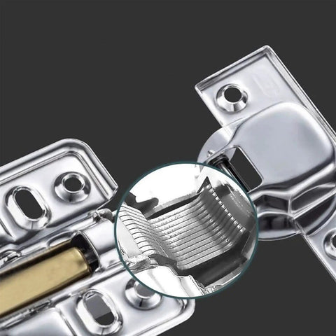 Close-up of stainless steel hydraulic cabinet door hinge with quiet buffer damping smooth soft close action for cabinets.