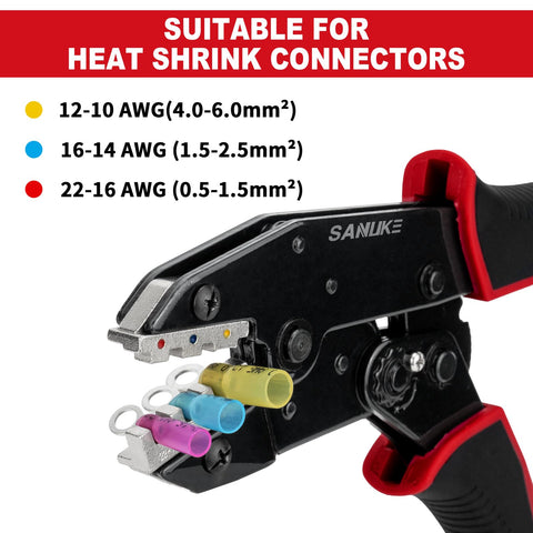 Ratchet Crimping Tool For Heat Shrink Connectors AWG 22 To 10 Pro Wire Crimper with color-coded terminals visible