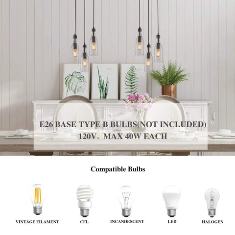 Dining room setup with three light wooden pendant light with height adjustable clear bottle glass shades, industrial farmhouse style.