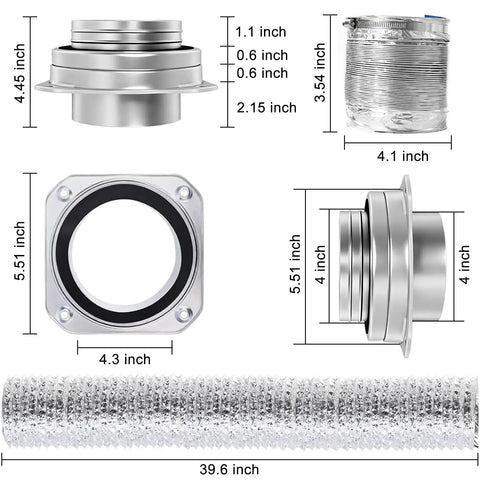 Diagram of Magnetic Dryer Vent Connector Kit with 4 Inch Quick Connect Hose, 3.3 Ft Flexible Duct, and dimensions labeled.