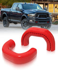 Dodge RAM Tow Hitch Covers 2019 to 2026 Thickened Upgrade 2 Pack Red For 2500 3500 Exterior Accessories Durable Tow Hook Covers Fits Receiver Hitch Easy Install Protective Car Exterior Upgrade, shown with red covers in front of truck.