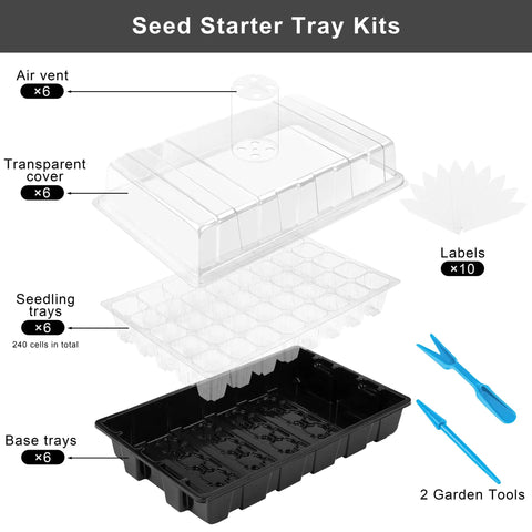 Six Pack Seed Starter Tray Kit With 40 Cell Trays And Humidity Dome, 240 Cells Total, Mini Propagator Base For Greenhouse Growers, Plant Nursery Pots Black, Includes Labels And Growing Tools