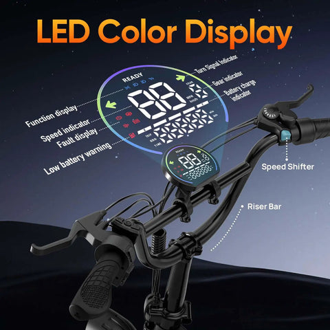 Handlebars with LED display of Folding Fat Tire Electric Bike for Adults With 1500W Peak Motor, showing speed and battery indicators.