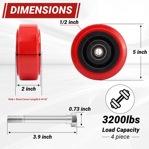 5 Inch By 2 Inch Caster Wheels With Polyurethane On Polyolefin Core, Double Ball Bearing, Dust Cover, Heavy Duty Replacement