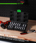 One Quarter Inch Drive Universal Joint Socket Set With Swivel Heads Six Point SAE Three Sixteenths To Nine Sixteenths Inch And Metric Five To Fifteen Millimeter CR-V Steel Flex Sockets For Easy Access In Tight Spaces, open case
