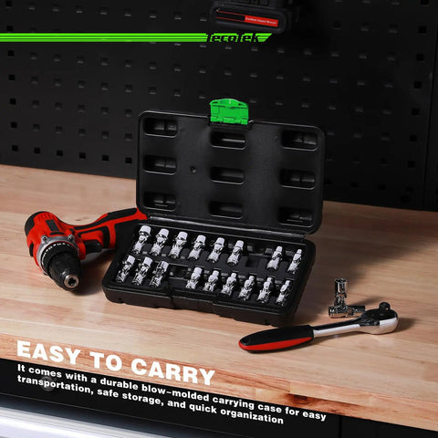 One Quarter Inch Drive Universal Joint Socket Set With Swivel Heads Six Point SAE Three Sixteenths To Nine Sixteenths Inch And Metric Five To Fifteen Millimeter CR-V Steel Flex Sockets For Easy Access In Tight Spaces, open case
