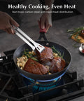 Cooking steak in Preseasoned Carbon Steel Frying Pan 10 Inch Skillet With Removable Silicone Handle, Built to Last, Indoor Outdoor Ready
