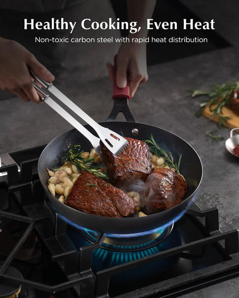 Cooking steak in Preseasoned Carbon Steel Frying Pan 10 Inch Skillet With Removable Silicone Handle, Built to Last, Indoor Outdoor Ready