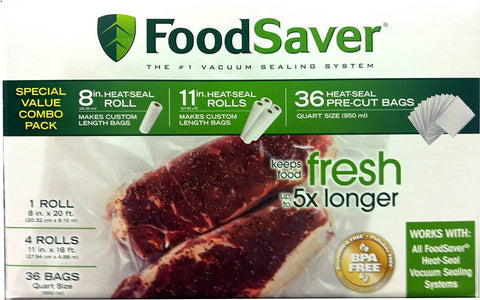 Vacuum Sealer Value Pack With 1 Eight-Inch Roll, 4 Eleven-Inch Rolls, And 36 Pre-Cut Quart Bags packaging box front view