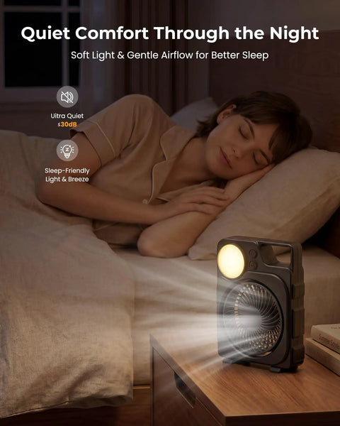 Woman sleeping with 12000mAh Rechargeable Portable Fan With LED Lantern Up To 45 Hours Runtime on bedside table