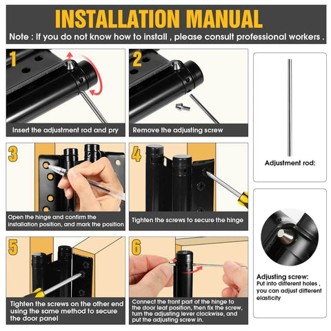 Installation instructions for Double Action Spring Hinges for Double Swing Doors, showing adjustment process and tools.