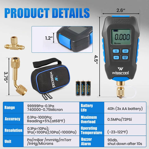 Digital Micron Vacuum Gauge For HVAC Systems, Precision Micron Readings, Digital Pressure Tester Meter For Accurate Evacuation, Moisture Free Refrigerant Charge Prep, Great For DIY And Pros, with case and fittings