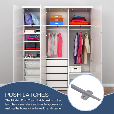 Image of a wardrobe using a Magnetic Push Latches Set For Cabinets And Drawers, Hidden Touch Latch Hardware For Doors And Wardrobes, Gray Finish.