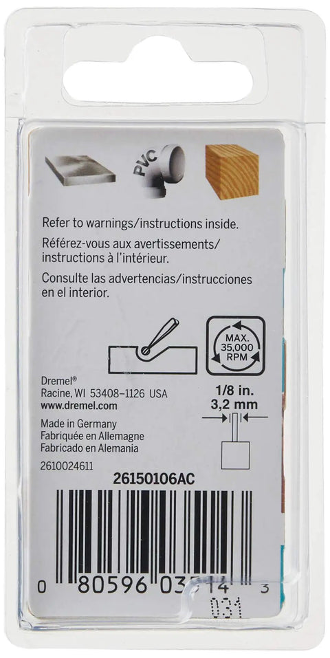 Back packaging of Engraving Bit For Rotary Tools, showing details for wood, plastic, metal use, and size 1/8 in shank.