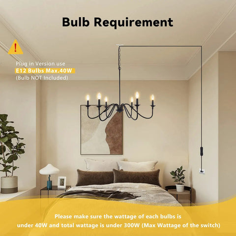 Prewired Plug In Chandelier 34.6 Inch Black Farmhouse Modern Hanging Light above bed in cozy bedroom setting