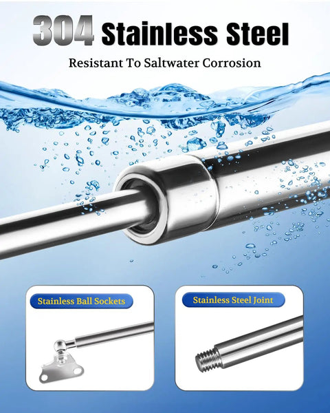 Beefy 20 Inch Stainless Gas Struts 80 Lb Marine Grade image showing stainless steel construction and water resistance