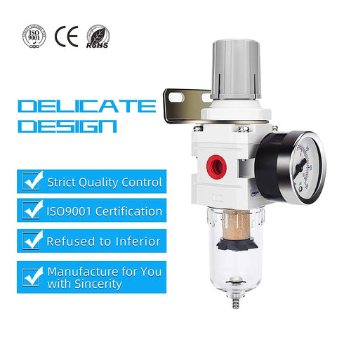 One Quarter Inch NPT Air Filter Regulator Combo With Piggyback 5 Micron Brass Filter Element Poly Bowl Semi Auto Drain Metal Bracket Gauge 0 To 150 PSI 20 CFM Flow Heavy Duty Shop Grade For Compressed Air Systems with certifications and design features displayed