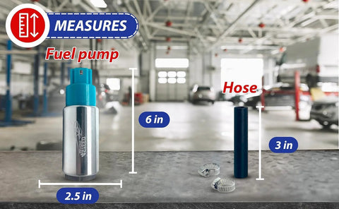 Electric In Tank Fuel Pump Kit 300 LPH With Installation Kit dimensions 2.5x6 inches pump, 3 inch hose in garage setting