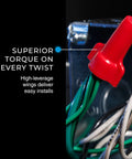 Red Wing-Nut 452 Wire Connector For DIY Electrical Splices With Copolymer Shell, attached to wires, showcasing superior torque.