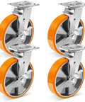 Rock Solid Heavy Duty Eight Inch Casters Set Of Four With Swivel Brakes featuring orange polyurethane wheels and aluminum core.