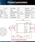 Product diagram with specifications of Beefed Up 12V High Torque DC Motor Upgrade Kit With Bracket, Dual Ball Bearings, 20,000 RPM.