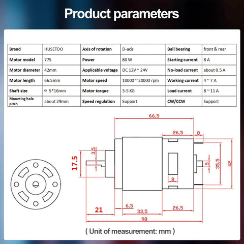 Product diagram with specifications of Beefed Up 12V High Torque DC Motor Upgrade Kit With Bracket, Dual Ball Bearings, 20,000 RPM.
