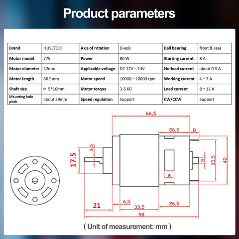 Specifications of 12V 775 DC Motor With High Torque Up To 20,000 RPM Dual Ball Bearing Built In Cooling Fan For Power Wheels Upgrade
