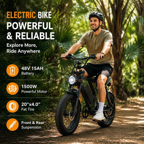 All Terrain Fat Tire Electric Bike For Adults With 1500W Peak Motor 28 MPH Top Speed And 50 Mile Range in forest path