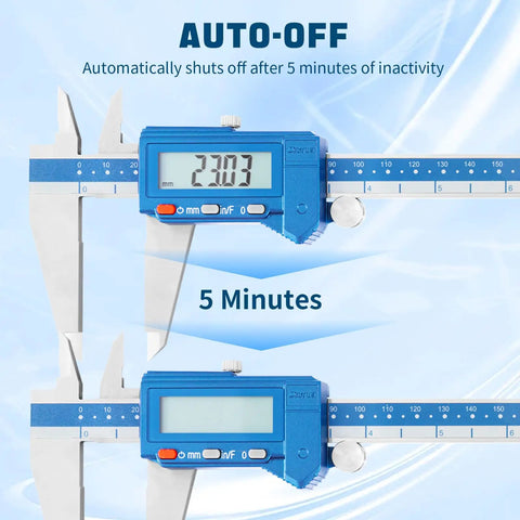 12 Inch Digital Caliper Pro Grade Shop Ready Stainless Steel IP54 Water Resistant With Large LCD Display showing auto-off feature