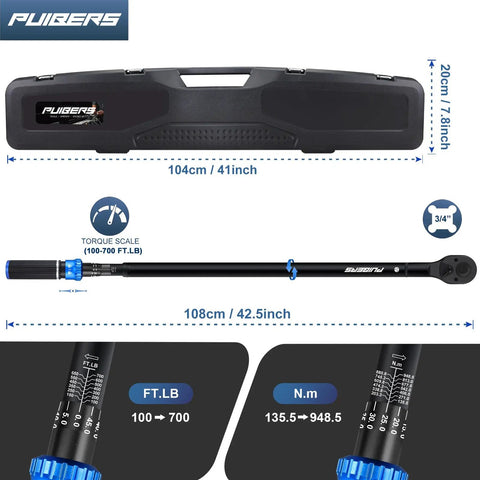 Beefy 3/4 Inch Torque Wrench, Adjustable 100 To 700 Ft-Lb, Dual Direction With 48-Tooth Gear, Pro Grade Tool For Cars Trucks Tractors, High Precision About Three Percent in black case